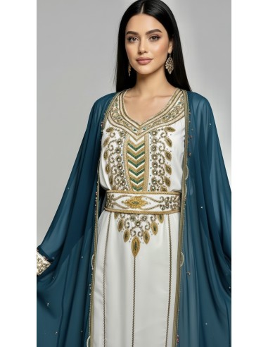 farasha style Dubaï 2 pièces, bleu canard et blanc/doré  - 2