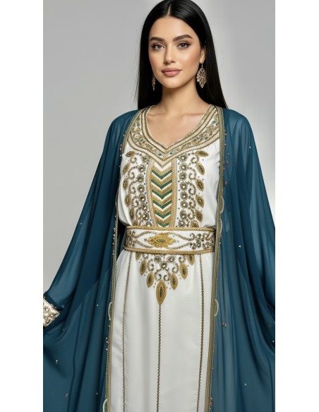 farasha style Dubaï 2 pièces, bleu canard et blanc/doré  - 2