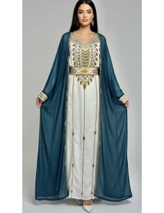 farasha style Dubaï 2 pièces, bleu canard et blanc/doré - 1 2