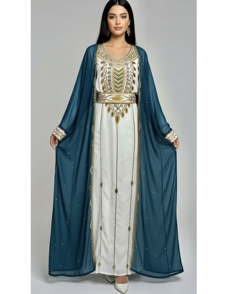 farasha style Dubaï 2 pièces, bleu canard et blanc/doré  - 1