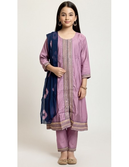 ensemble indien fille (Salwar Kameez) brodé avec dupatta - SIMRAN parme lilas  - 1