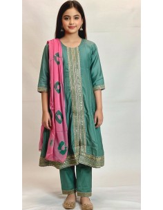 ensemble indien fille (Salwar Kameez) brodé avec dupatta - SIMRAN vert d'eau - 1