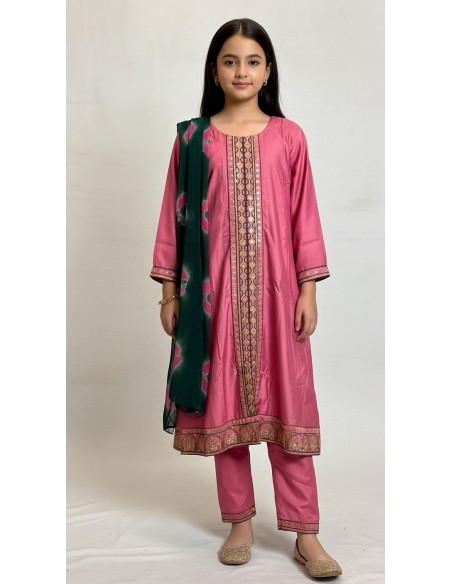 ensemble indien fille (Salwar Kameez) brodé avec dupatta - SIMRAN rose  - 1