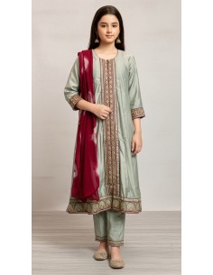 ensemble indien fille (Salwar Kameez) brodé avec dupatta - SIMRAN pistache - 1