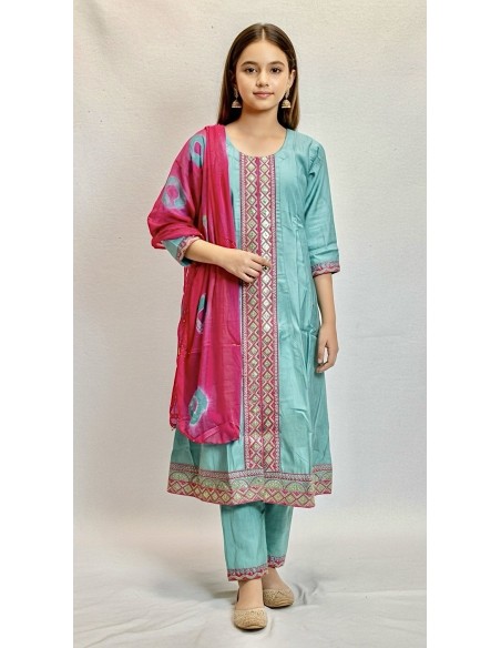 ensemble indien fille (Salwar Kameez) brodé avec dupatta - SIMRAN turquoise  - 1