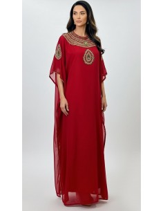 Robe farasha Bordeaux à Col Montant et strass Dorées - 1