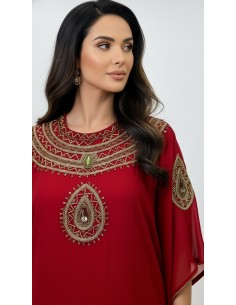 Robe farasha Bordeaux à Col Montant et strass Dorées - 1 2