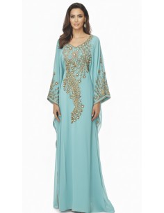 robe Farasha Dubaï –turquoise Brodée Perles dorées  - 1