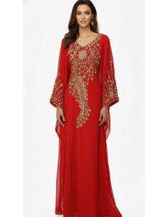 robe Farasha Dubaï – rouge Brodée Perles dorées  - 1