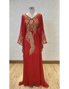 robe Farasha Dubaï – rouge Brodée Perles dorées  - 1 2