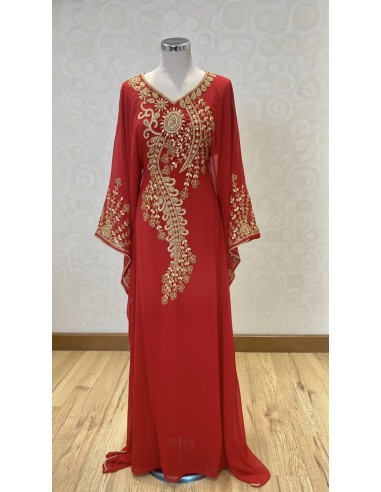 robe Farasha Dubaï – rouge Brodée Perles dorées  - 2