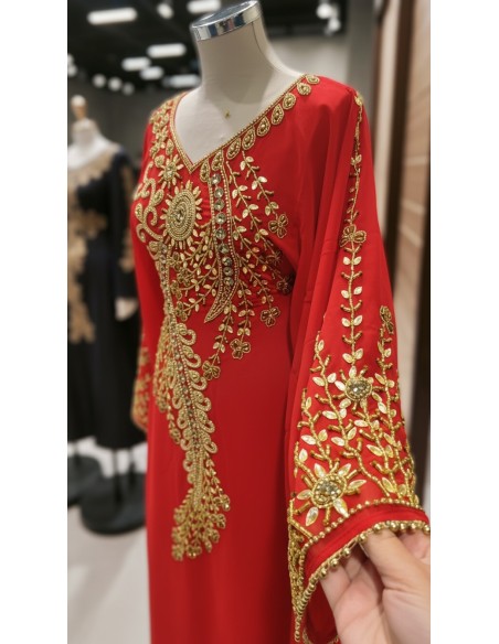 robe Farasha Dubaï – rouge Brodée Perles dorées  - 3
