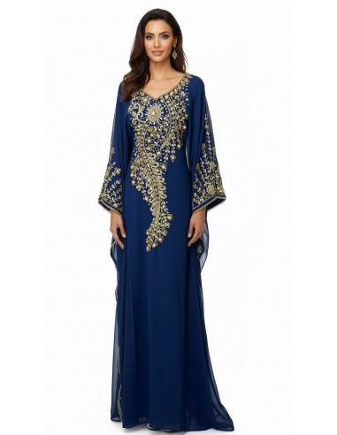 robe Farasha Dubaï – bleu Brodée Perles dorées  - 1