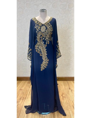 robe Farasha Dubaï – bleu Brodée Perles dorées  - 2