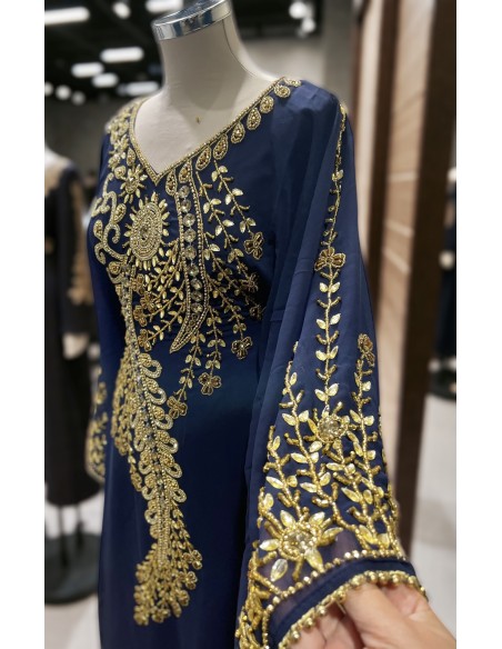 robe Farasha Dubaï – bleu Brodée Perles dorées  - 3