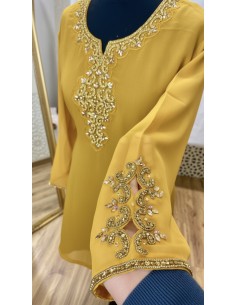Tunique indienne jaune – Perles & dorures luxe, style élégance orientale  - 1 2