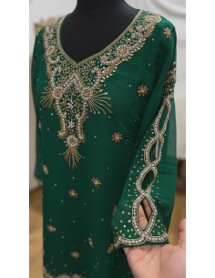 Kurti indienne brodée Vert – Tunique orientale femme perles & strass – Grande taille  - 1 2