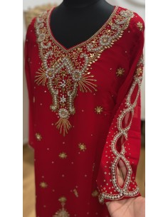 Kurti indienne brodée Rouge – Tunique orientale femme perles & strass – Grande taille  - 1 2