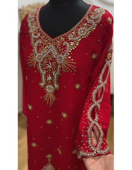 Kurti indienne brodée Rouge – Tunique orientale femme perles & strass – Grande taille  - 2
