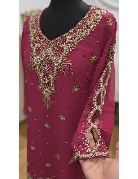 Kurti indienne brodée Rose – Tunique orientale femme perles & strass – Grande taille  - 2