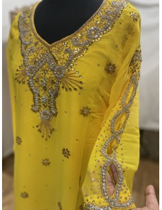 Kurti indienne brodée Jaune – Tunique orientale femme perles & strass – Grande taille  - 1 2