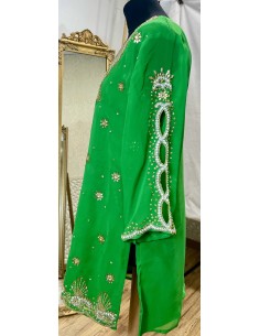 Kurti indienne brodée Vert Claire – Tunique orientale femme perles & strass – Grande taille  - 1 2