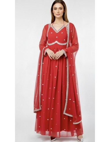 Robe Anarkali Brodée Luxe – Tenue Indienne Femme – Rouge  - 1
