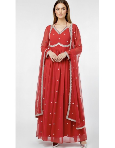 Robe Anarkali Brodée Luxe – Tenue Indienne Femme – Rouge  - 1