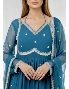 Robe Anarkali Brodée Luxe – Tenue Indienne Femme – Vert bleu - 1 2