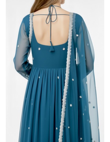 Robe Anarkali Brodée Luxe – Tenue Indienne Femme – Vert bleu  - 3