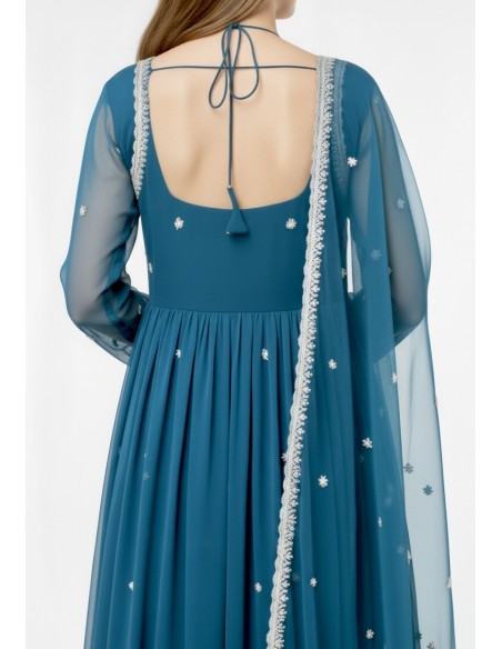 Robe Anarkali Brodée Luxe – Tenue Indienne Femme – Vert bleu  - 3