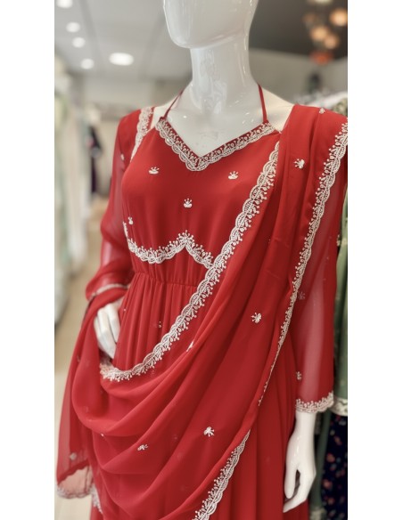 Robe Anarkali Brodée Luxe – Tenue Indienne Femme – Rouge  - 4