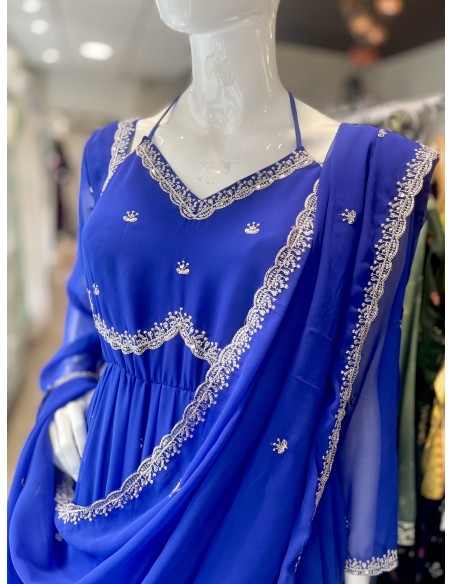 Robe Anarkali Brodée Luxe – Tenue Indienne Femme – Bleu Royal  - 4