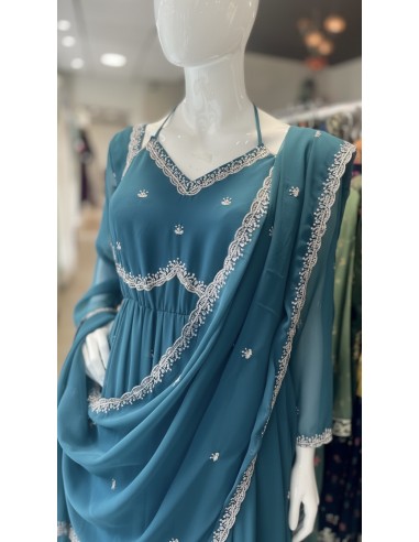 Robe Anarkali Brodée Luxe – Tenue Indienne Femme – Vert bleu  - 4