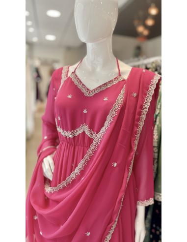 Robe Anarkali Brodée Luxe – Tenue Indienne Femme – Rose  - 4