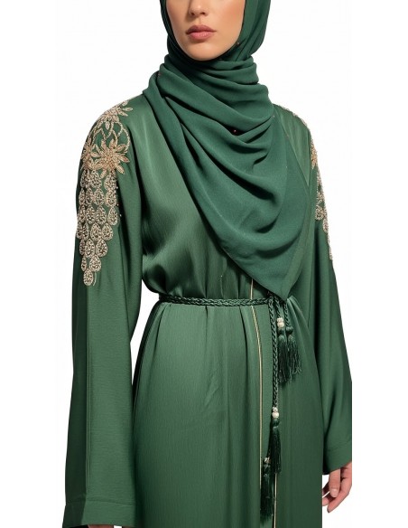 Abaya élégante brodée avec ceinture – Chic oriental Vert  - 4
