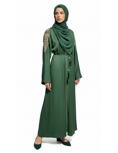 Abaya élégante brodée avec ceinture – Chic oriental Vert  - 2