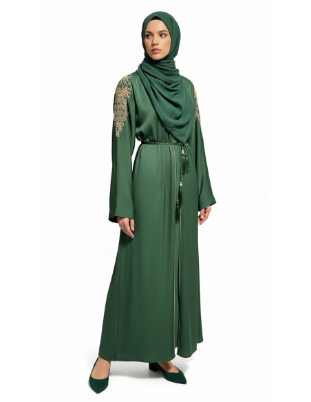 Abaya élégante brodée avec ceinture – Chic oriental Vert  - 2