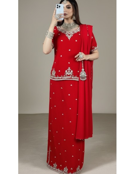 Lehenga élégant brodé – Tenue indienne de cérémonie Rouge  - 1
