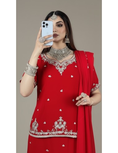 Lehenga élégant brodé – Tenue indienne de cérémonie Rouge  - 2