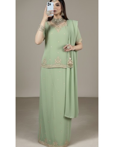 Lehenga élégant brodé vert – Tenue indienne raffinée  - 1