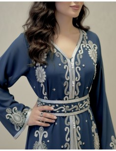 caftan Dubaï Vert Bleu Brodée Argent avec Ceinture  - 1 2