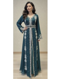 caftan Dubaï Vert Bleu Brodée Argent avec Ceinture  - 1