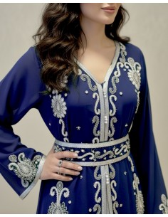 caftan Dubaï  Bleu marine Brodée Argent avec Ceinture  - 1 2