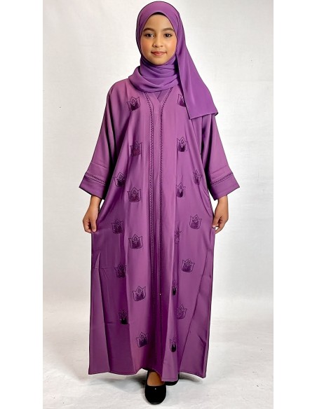Abaya Enfant Fille – Motifs Discrets – Violet Prune  - 1