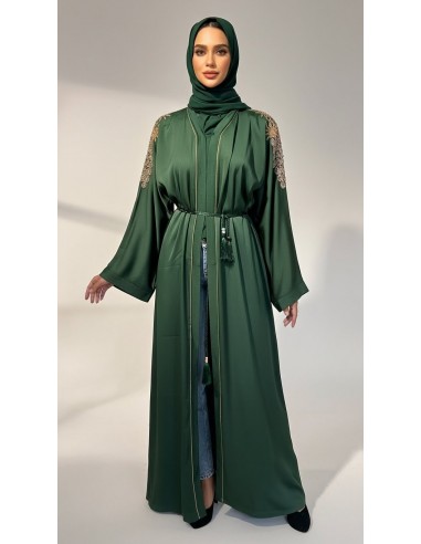 Abaya élégante brodée avec ceinture – Chic oriental Vert  - 1