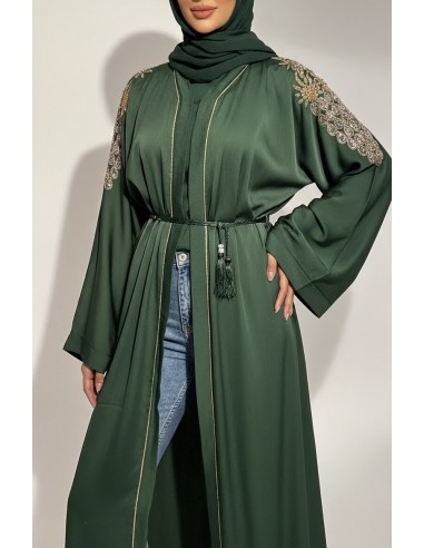 Abaya élégante brodée avec ceinture – Chic oriental Vert  - 3