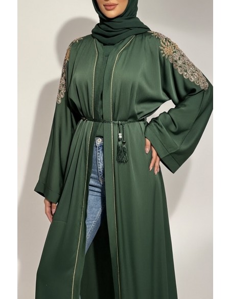 Abaya élégante brodée avec ceinture – Chic oriental Vert  - 3