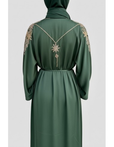 Abaya élégante brodée avec ceinture – Chic oriental Vert  - 5