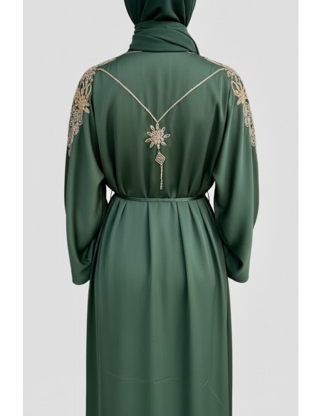 Abaya élégante brodée avec ceinture – Chic oriental Vert  - 5